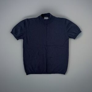 Canda Knit Top Mock Neck Short Sleeve Pullover Sweater Navy Blue L‎
